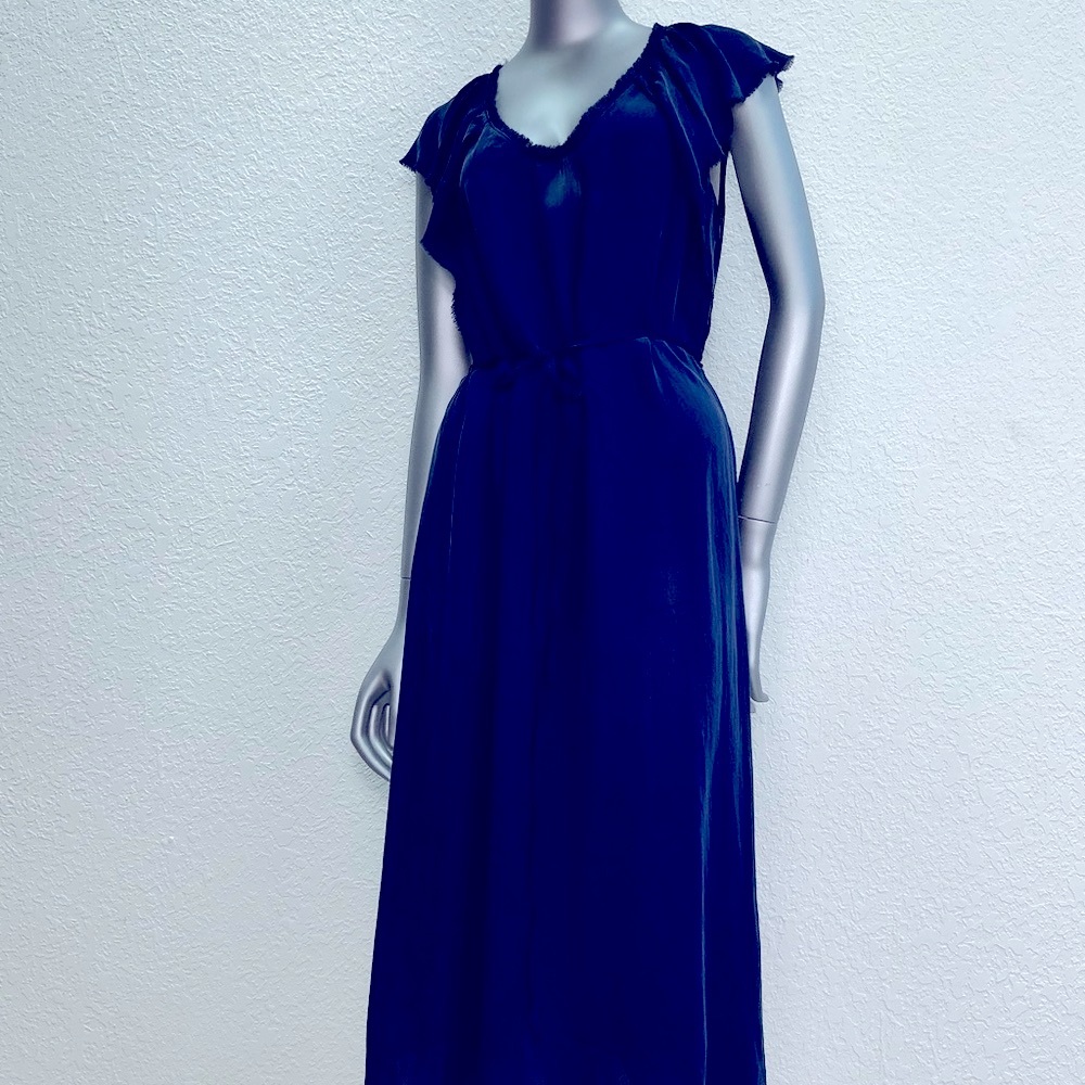 Raquel Allegra Deep Blue Midi Dress in Raw silk with flutter Sleeve size 2 (M)